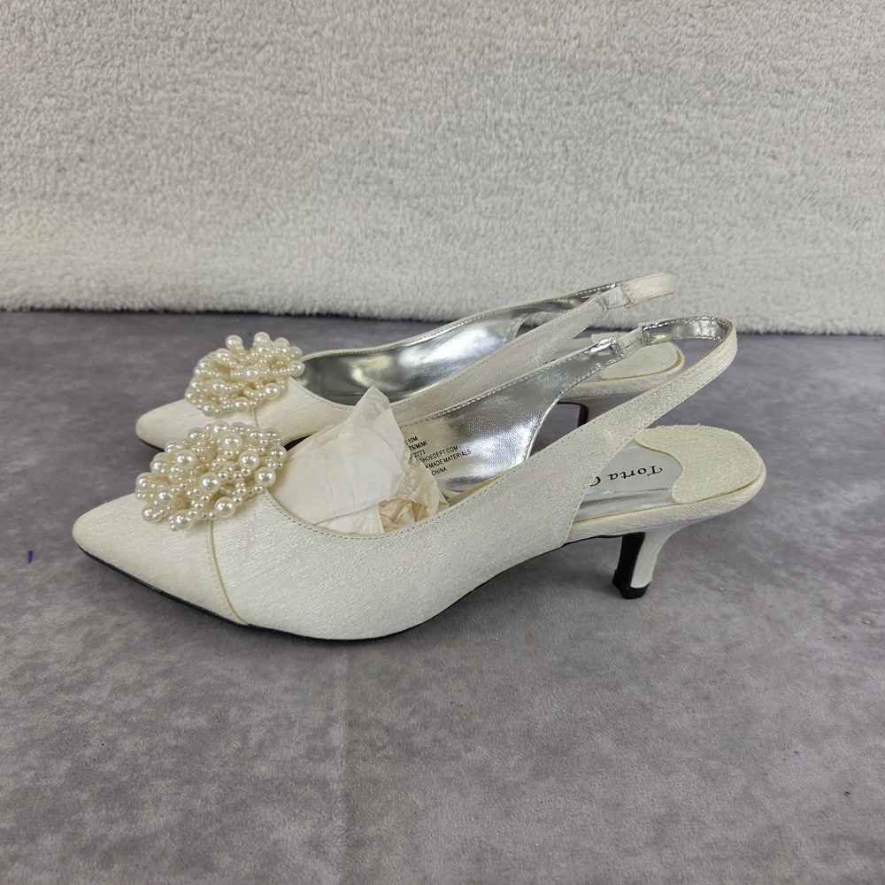 Torta Caliente Mimi Ivory Pearl Slingback Kitten Heel Pumps Womens 10M 754275